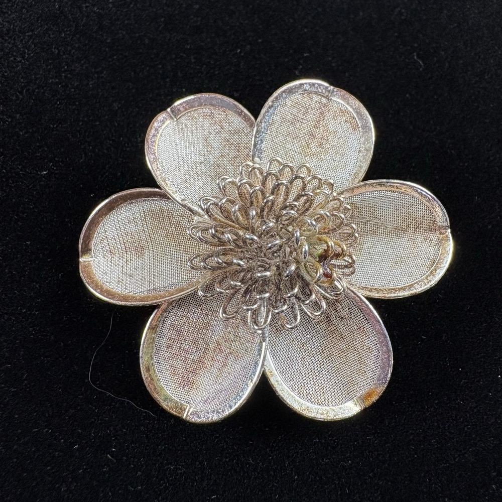 VTG 60s Silver Mesh Flower Brooch Retro Mid Century Floral Pin Mod Statement